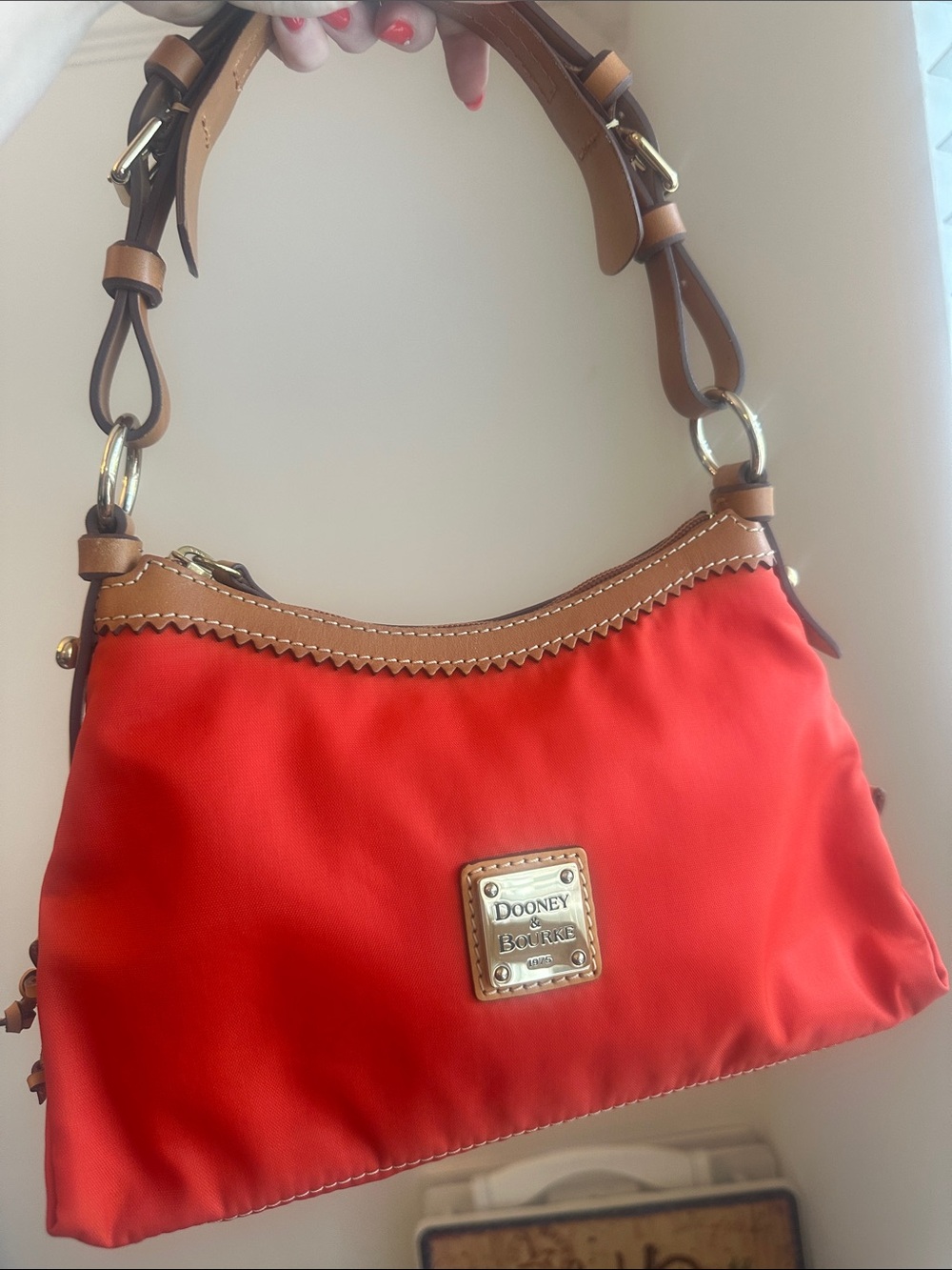 Dooney & Bourke East West Slouch Orange Nylon Shoulder Bag with Leather Trim